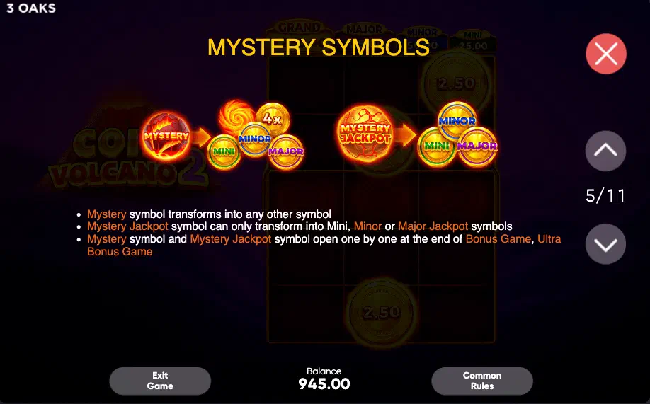 Coin Volcano 2 slot, ficha técnica del 3x5 con celdas multiplicadoras