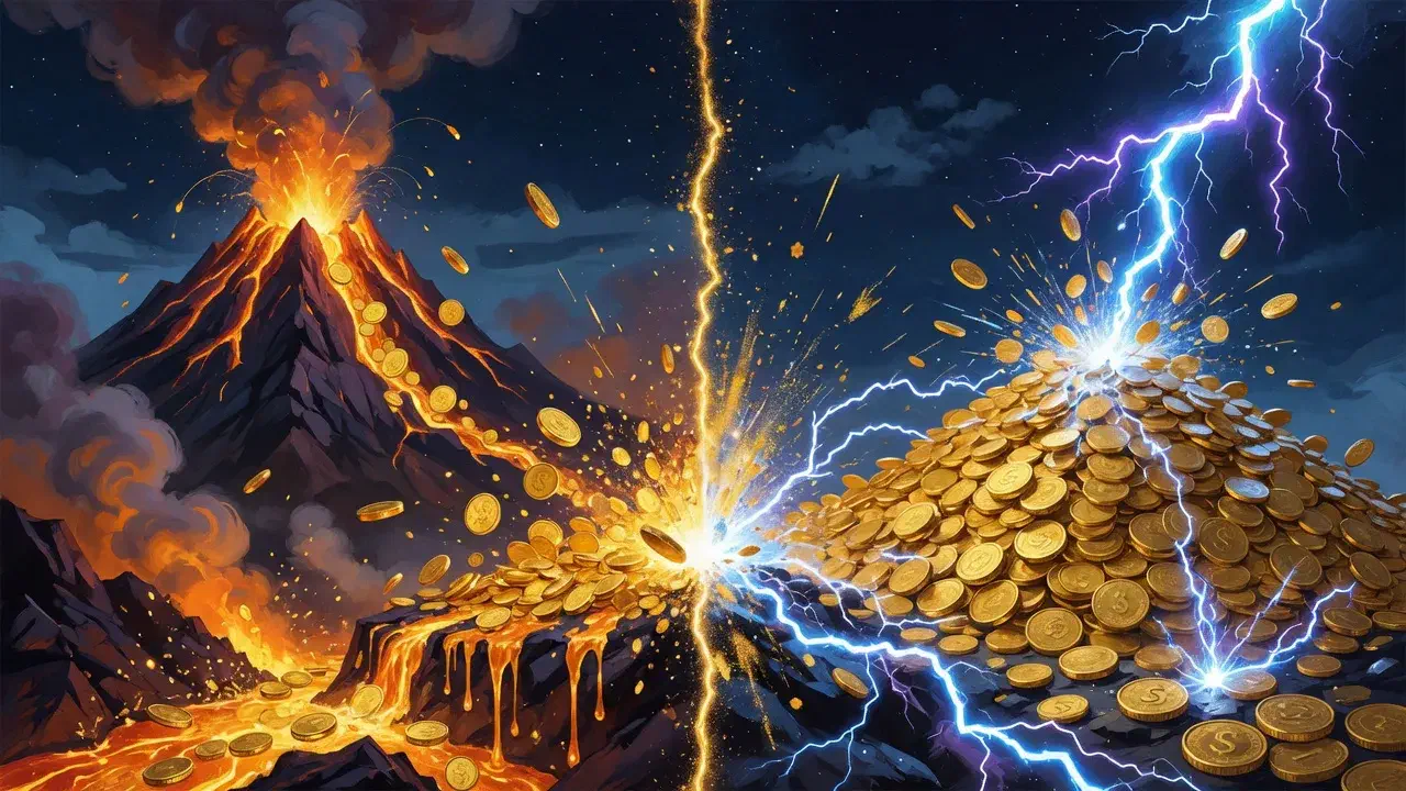 Coin Volcano vs Coin Strike, un vulcano di monete contro monete colpite da un fulmine