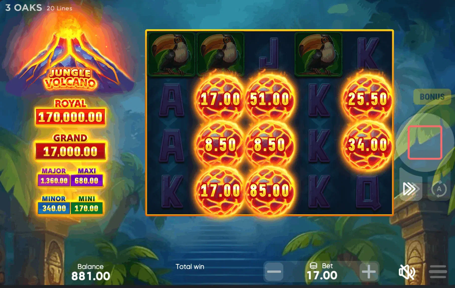 Jugar a Jungle Volcano, ajustes, apuestas y presupuesto