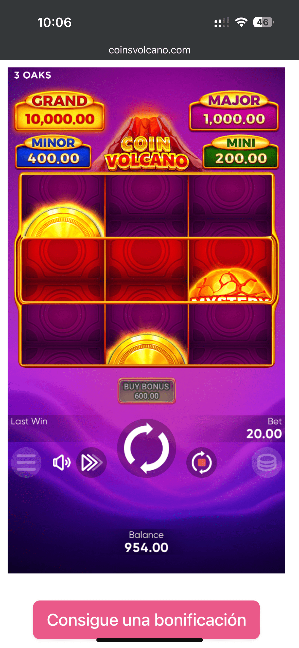Coin Volcano завантажити Android Мобільний екран Coin Volcano із символами монет і кнопкою купівлі бонусу