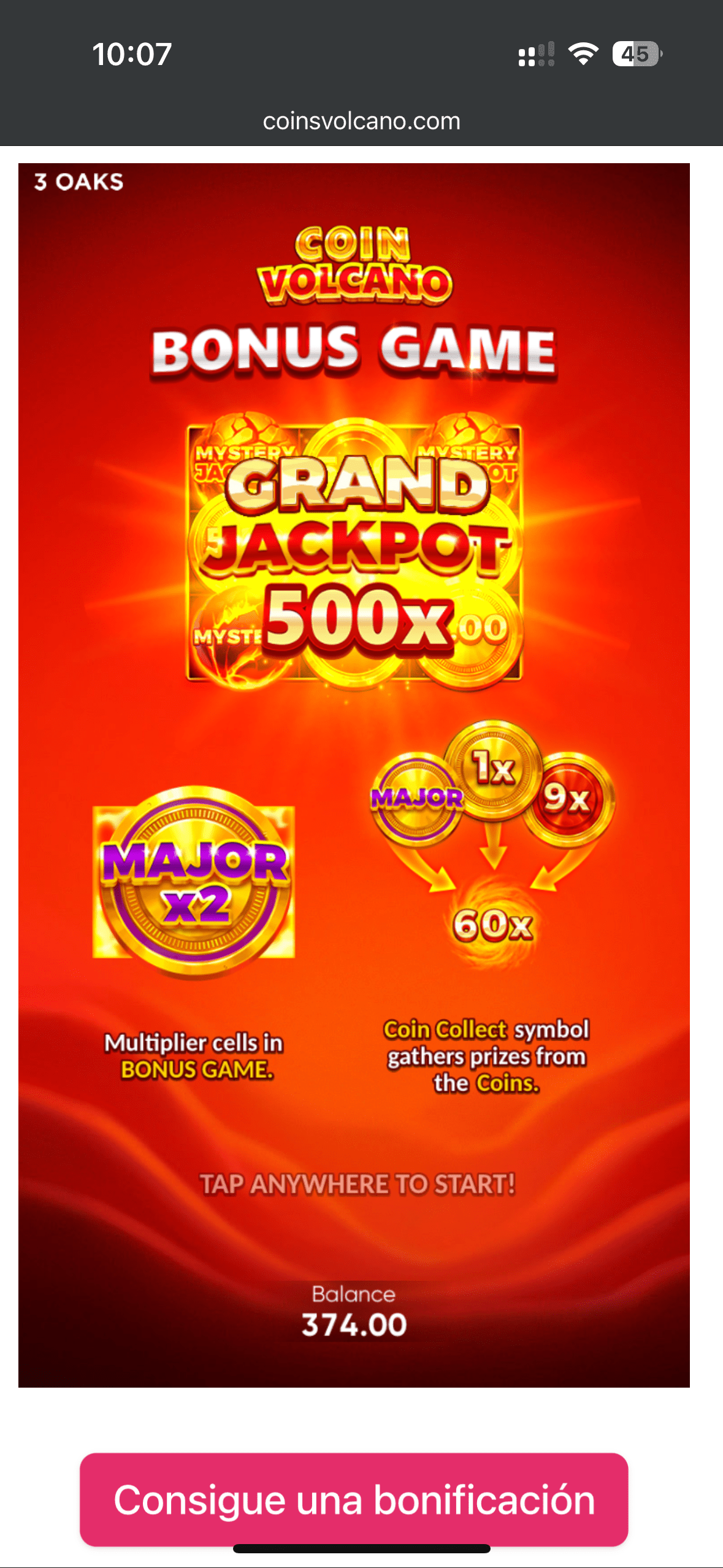Coin Volcano грати на Android Стартовий екран бонусної гри Coin Volcano з Grand Jackpot 500x