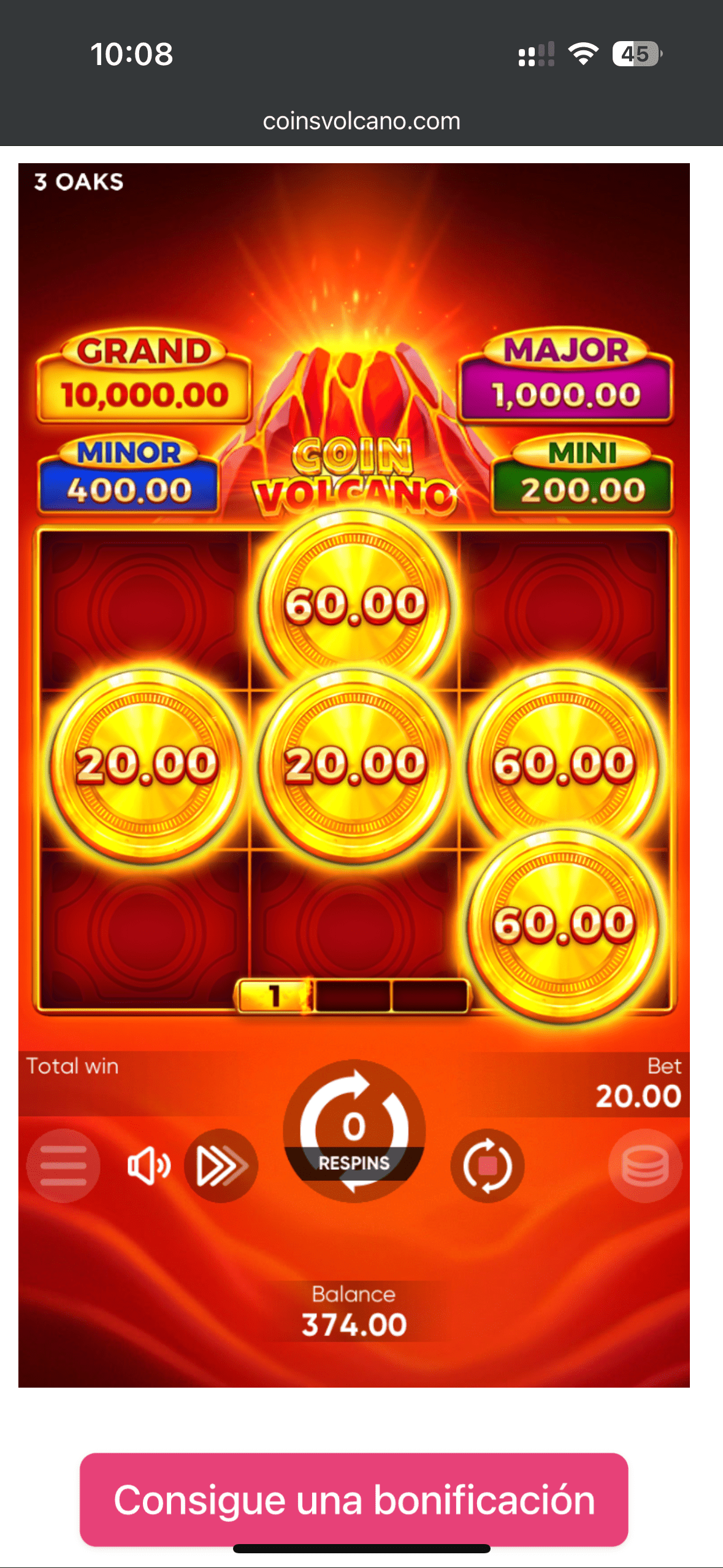 Coin Volcano слоти безкоштовно Бонусний екран Coin Volcano з призами монет 20.00 і 60.00