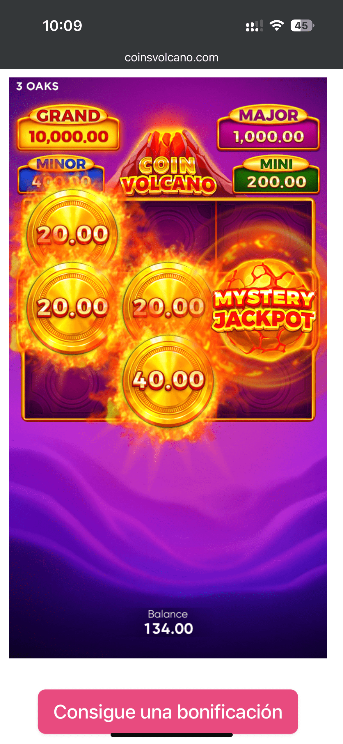Coin Volcano гра на гроші Android Екран Coin Volcano з Mystery Jackpot і вогняними символами монет
