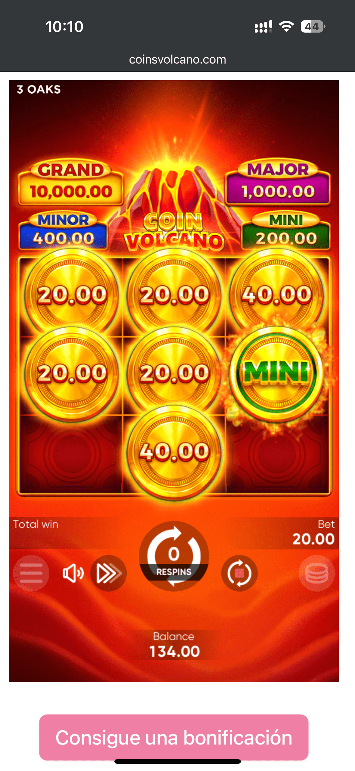 Coin Volcano мобільні слоти Бонусний екран Coin Volcano з джекпотом Mini і призами монет