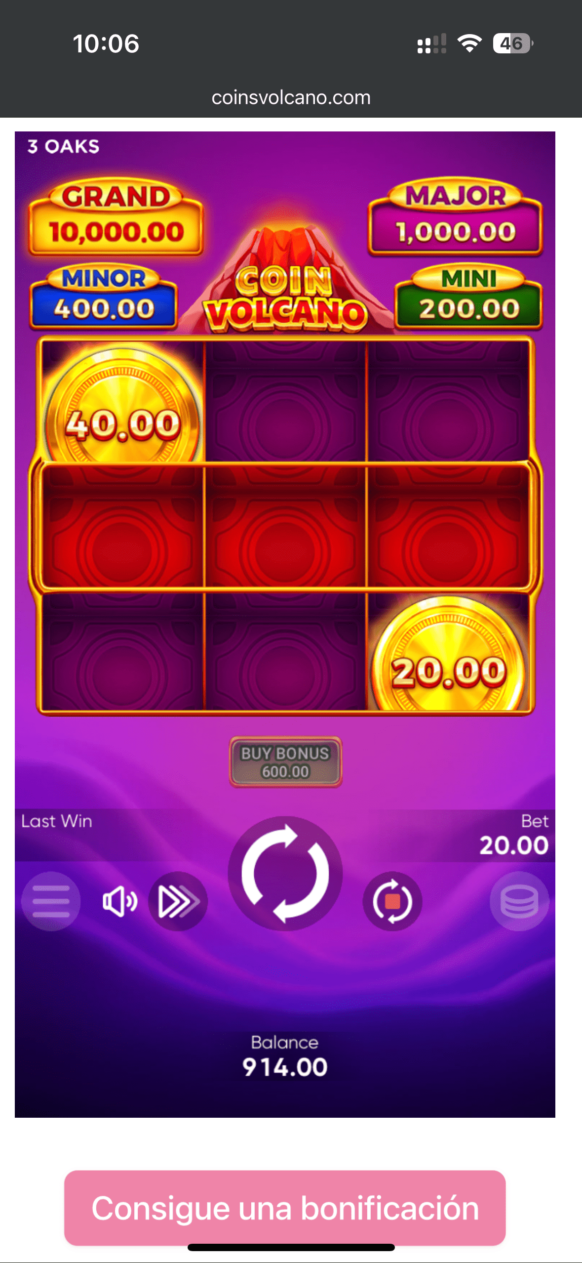 Coin Volcano слот гра Мобільний екран Coin Volcano з призами монет 40.00 і 20.00