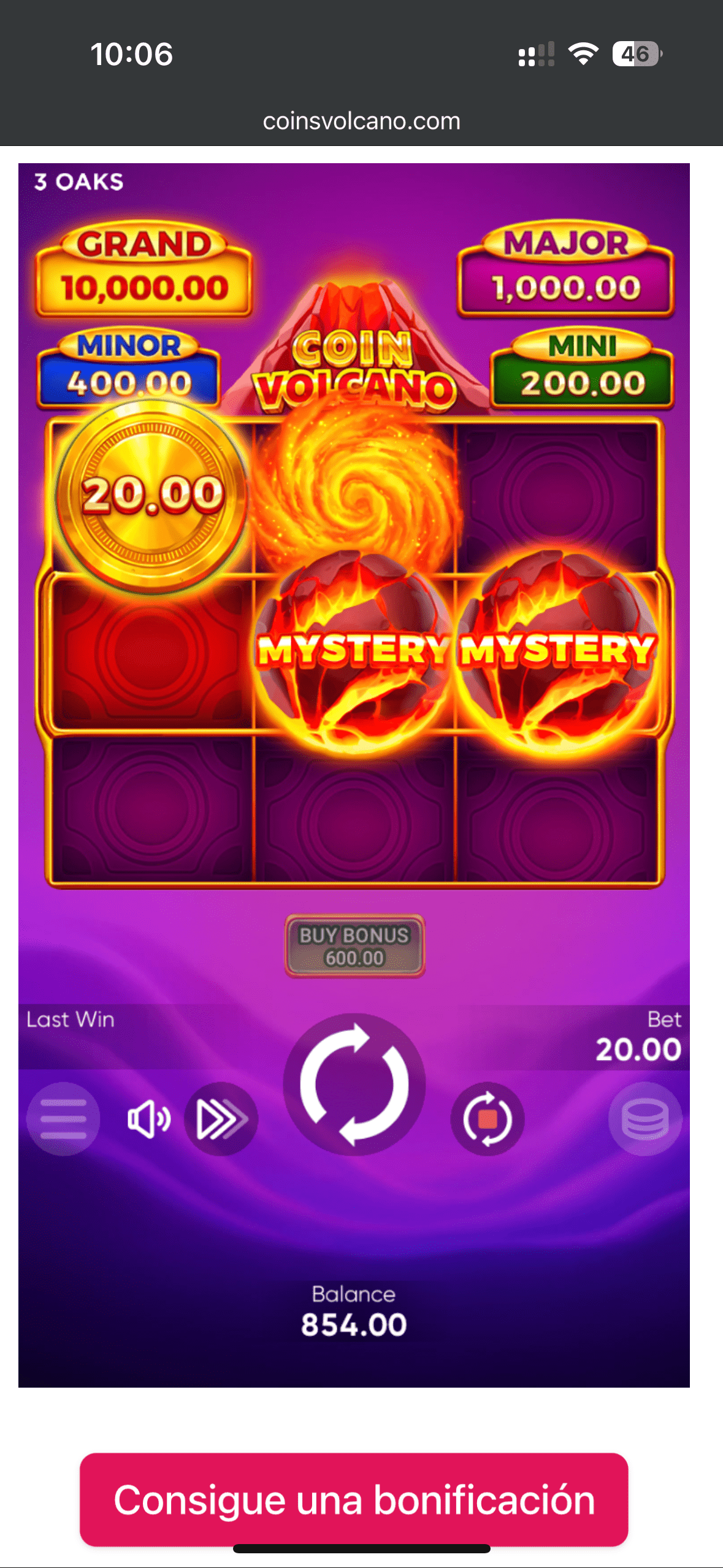Coin Volcano ігрові автомати Мобільний екран Coin Volcano із символами Mystery та призом 20.00