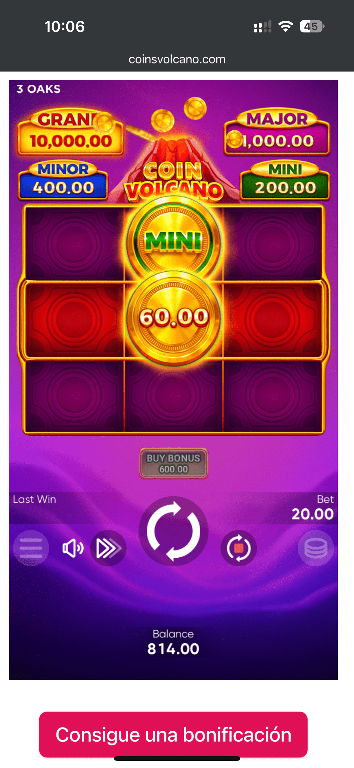 Coin Volcano безкоштовно Android Мобільний екран Coin Volcano з джекпотом Mini і призом 60.00