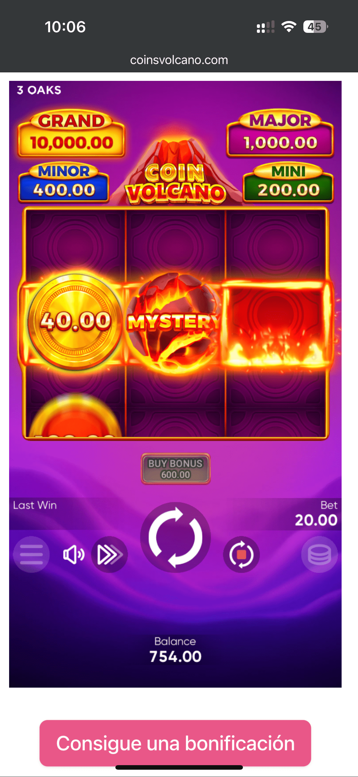 Coin Volcano apk Мобільний екран Coin Volcano із символом Mystery і призом 40.00