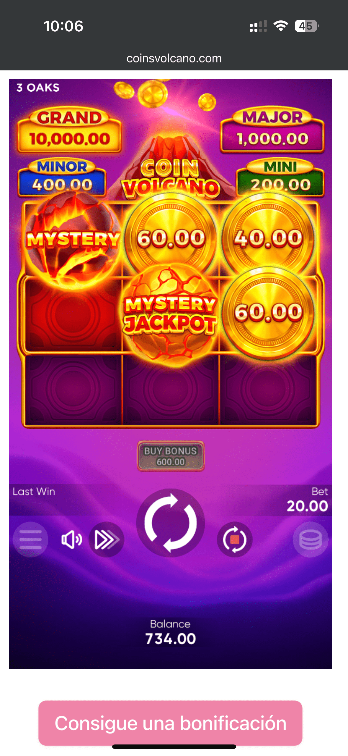 Coin Volcano мобільна гра Мобільний екран Coin Volcano з Mystery Jackpot і кількома призами монет