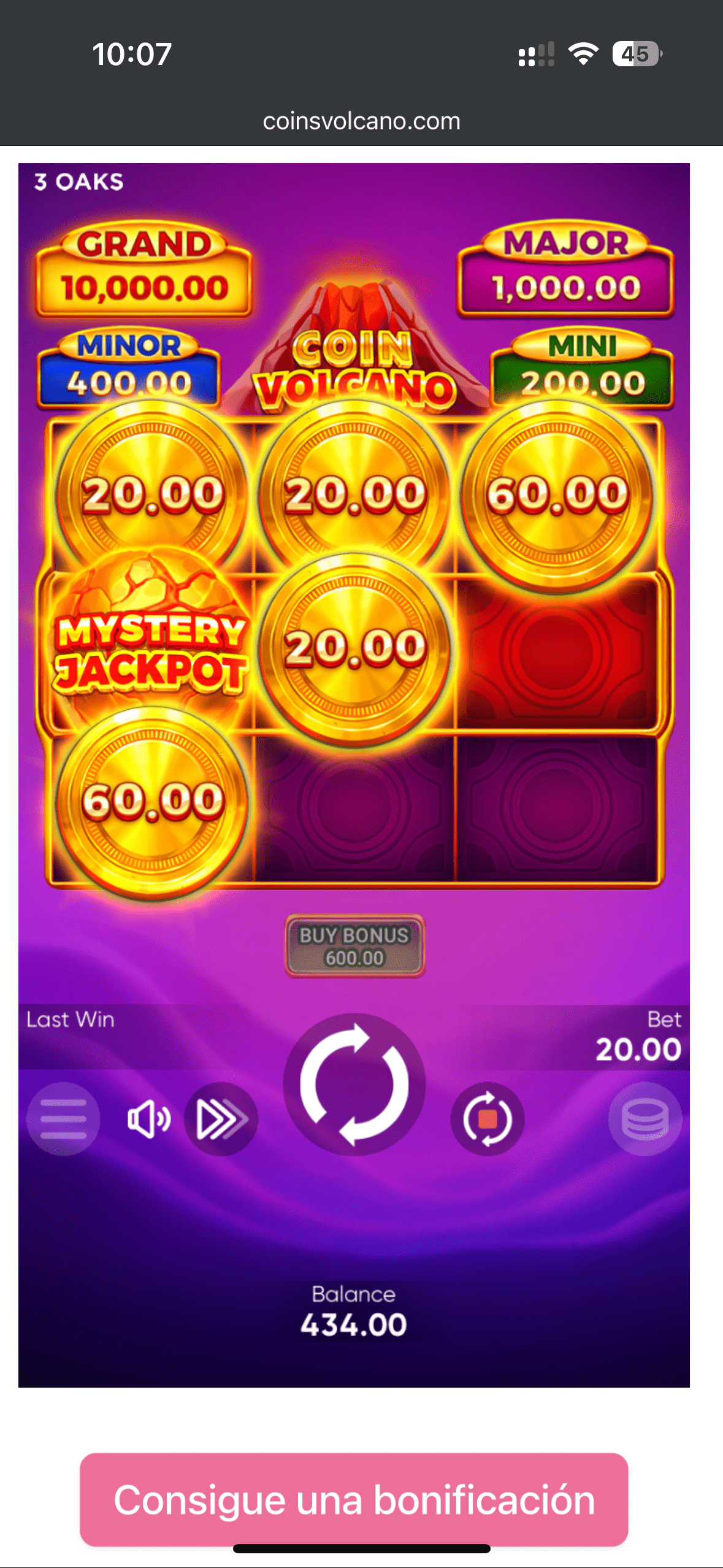 Coin Volcano для Android Мобільний екран Coin Volcano з Mystery Jackpot і призами 20.00